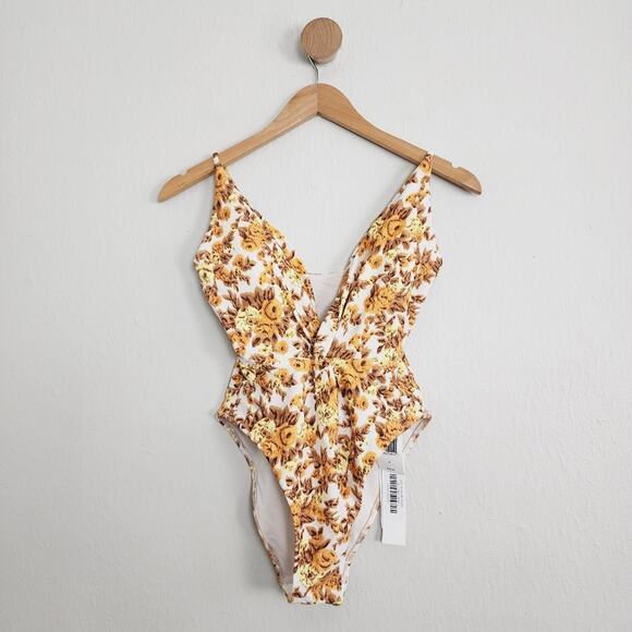 NEW Jonathan Simkhai Ingrid Gathered Floral Deep V-Neck One Piece Swimsuit - Picture 3 of 11